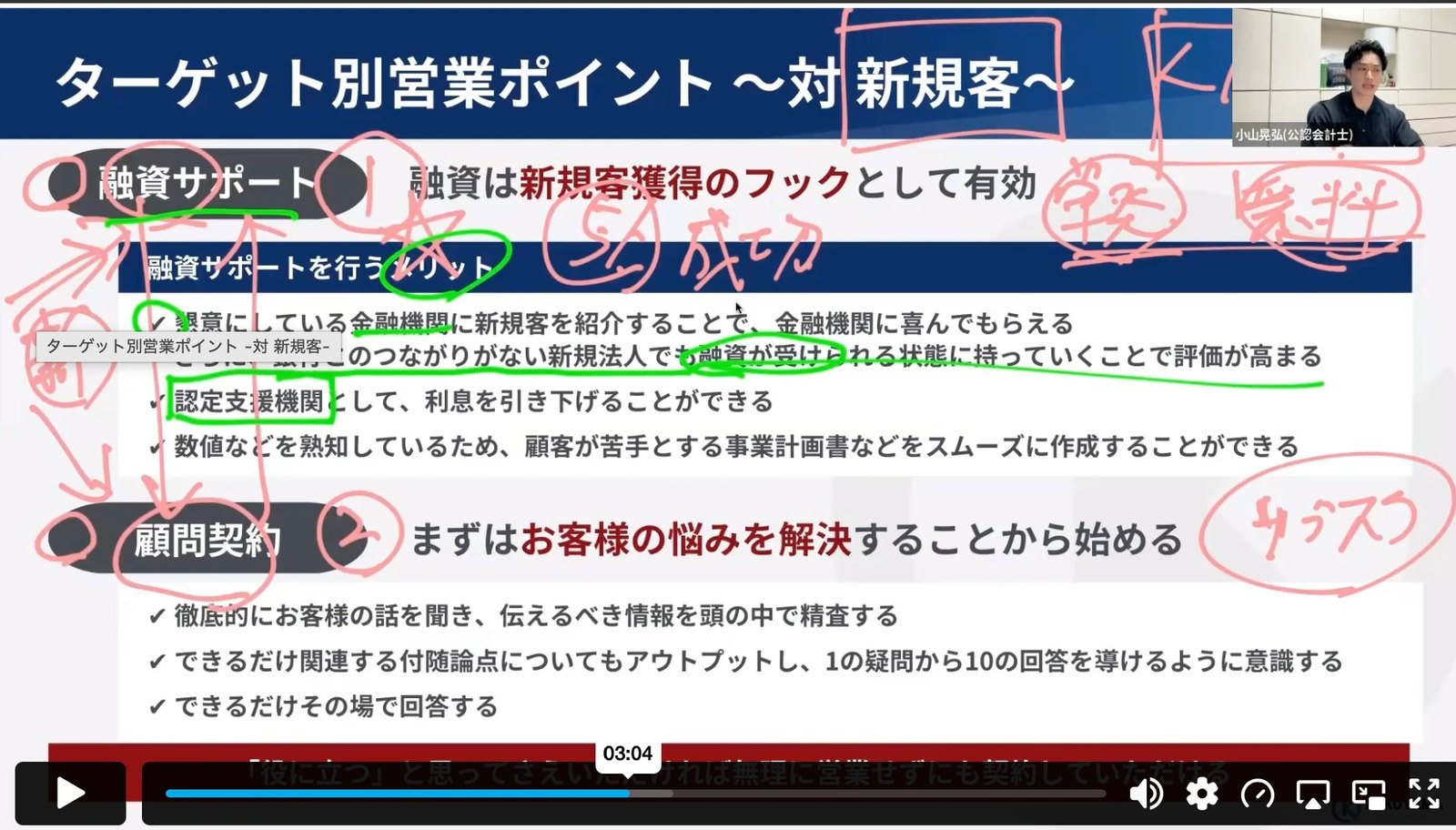 実際の講義画面（PC）。スライドに書き込みながら進む営業設計の講義